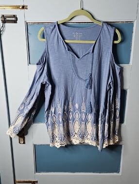 Chicos Blue Cold-Shoulder Embroidered Boho Top 3 Xl  16